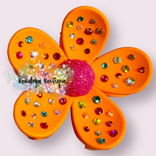 Orange Bling Large Flower Claw Clip RTS *resin stones*